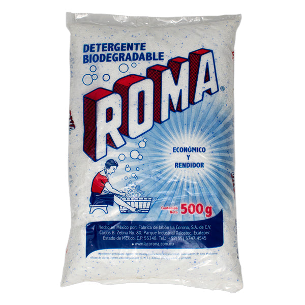 Roma 500g: Poderoso detergente para una limpieza impecable y frescura duradera.